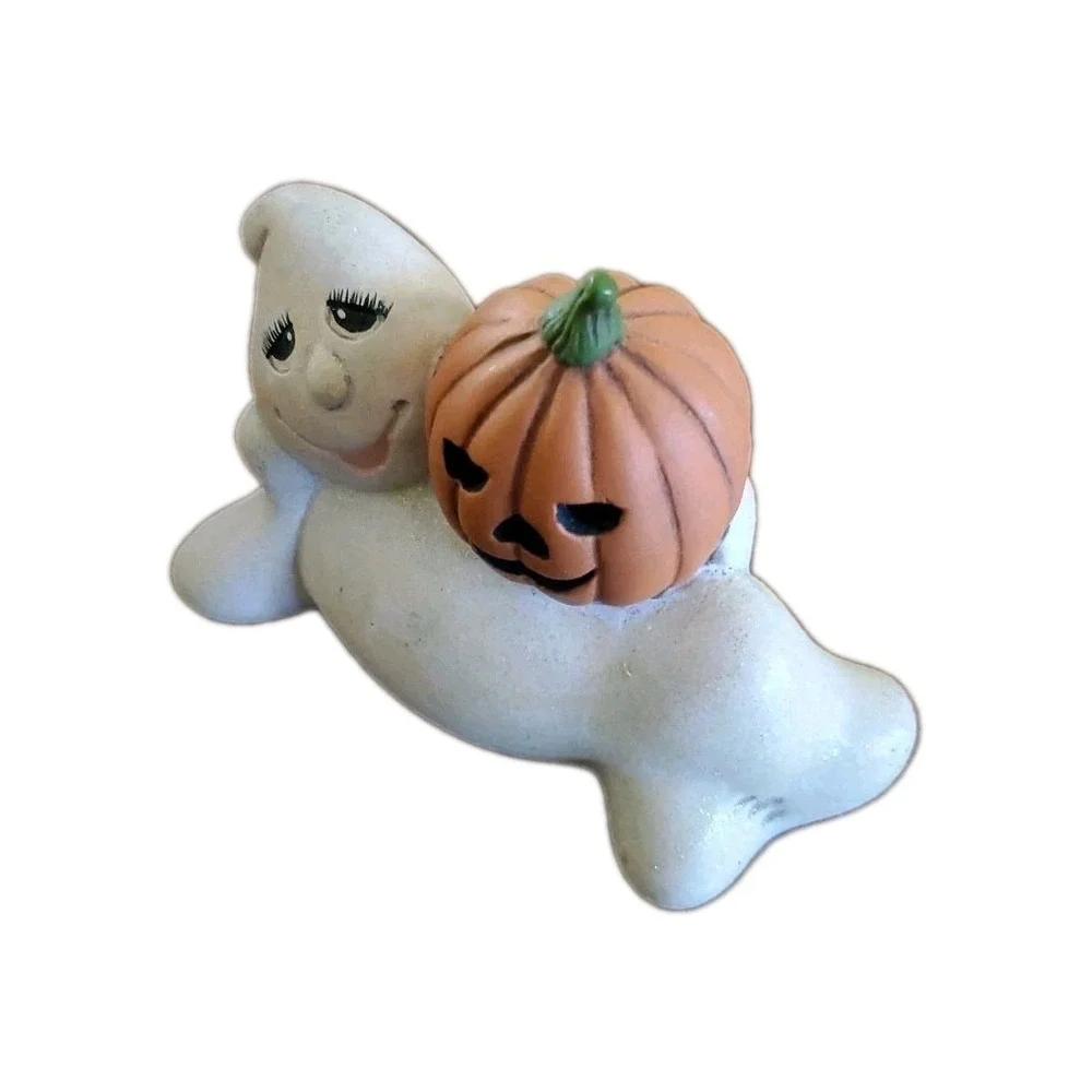 Painted Ghost With Jack O Lantern Pumpkin Figurine Halloween Decor